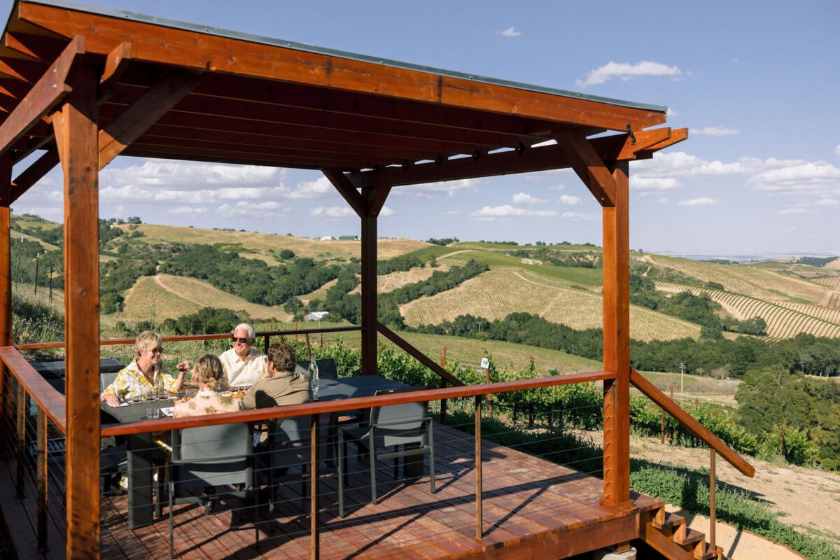 Four adults sitting in outdoor patio set above the vines